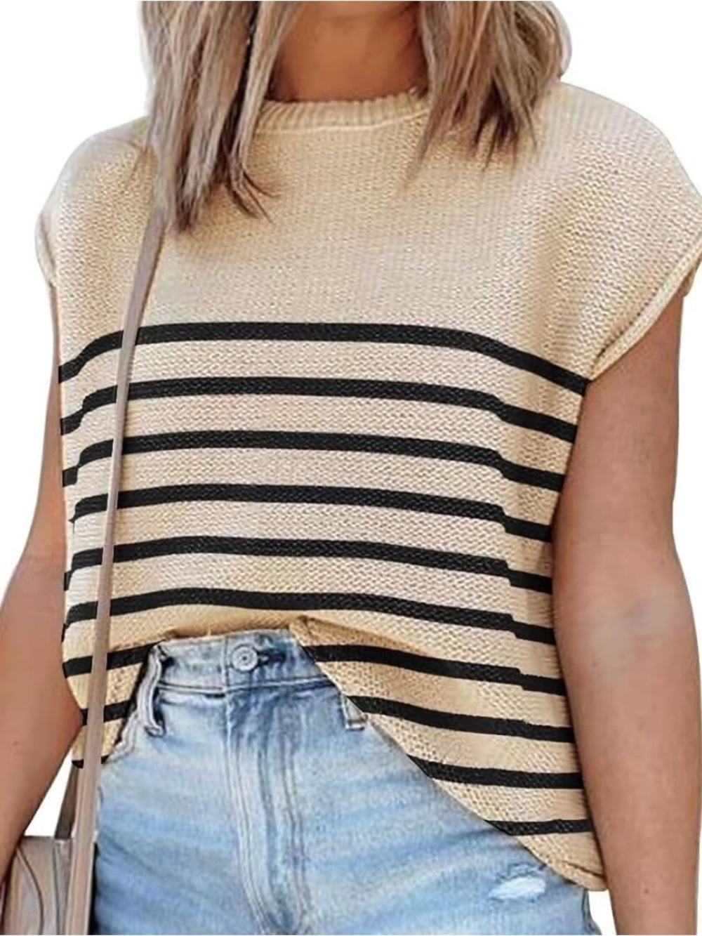 Beige Black Striped Knit Sleeveless Sweater Top Women’s Large - Picture 1 of 9